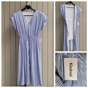 Kindred by Anthropologie 2-Way Full Zip Blue and White Striped Smocked Dress NEW